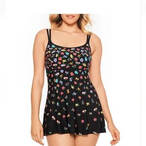 NWT St. John's Bay Secretly Slender Floral Colorful One-Piece Black Swimsuit
